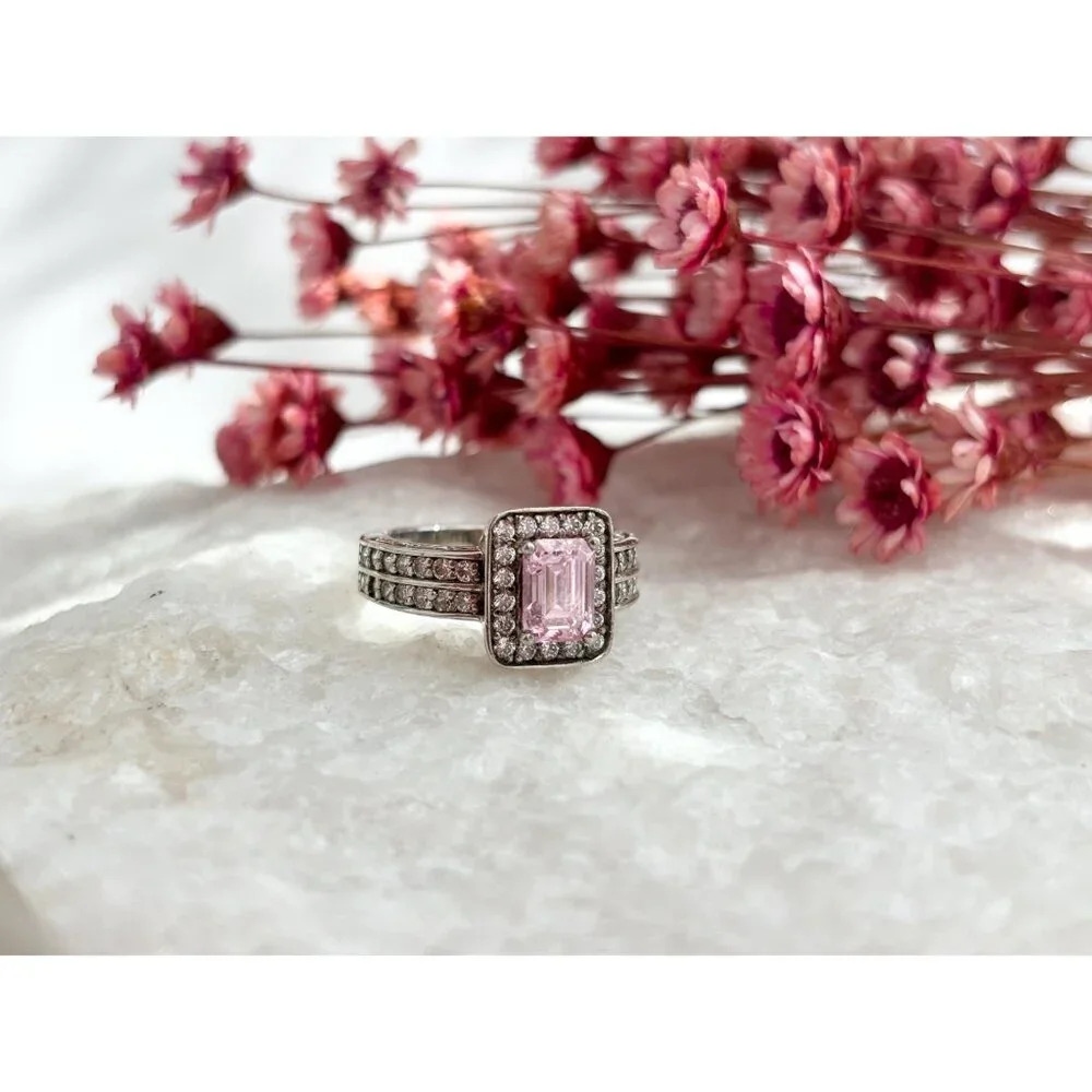 Pink Spinel Emerald Cut CZ Lined Double Shank Vintage Sterling Silver Ring  sz 5 - Picture 5 of 10